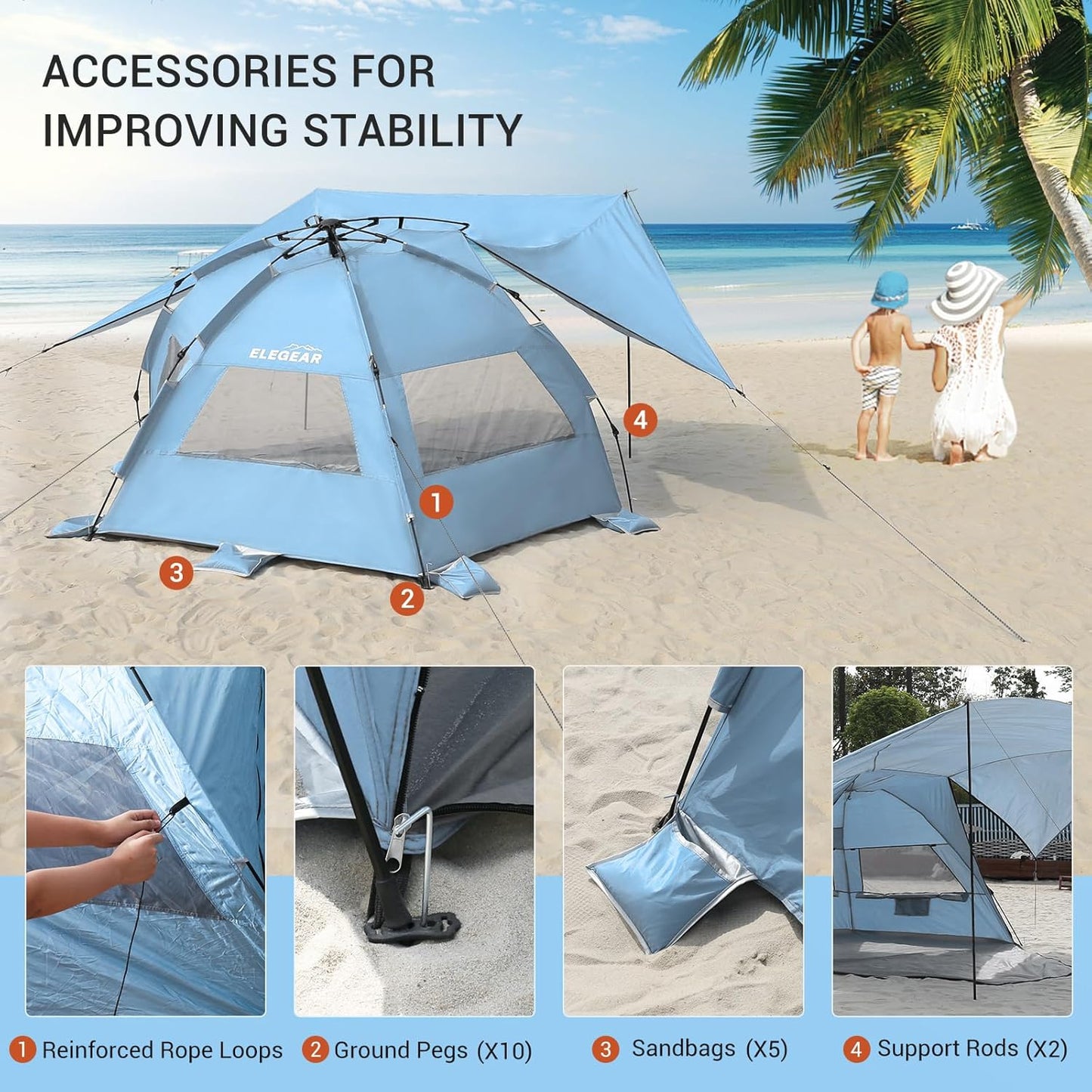 Elegear Beach Tent with Canopy, 1-Second Setup Pop Up Sun Shelter Shade, UPF 50+ UV Protection Silver-Coated Lightweight Portable Beach Cabana