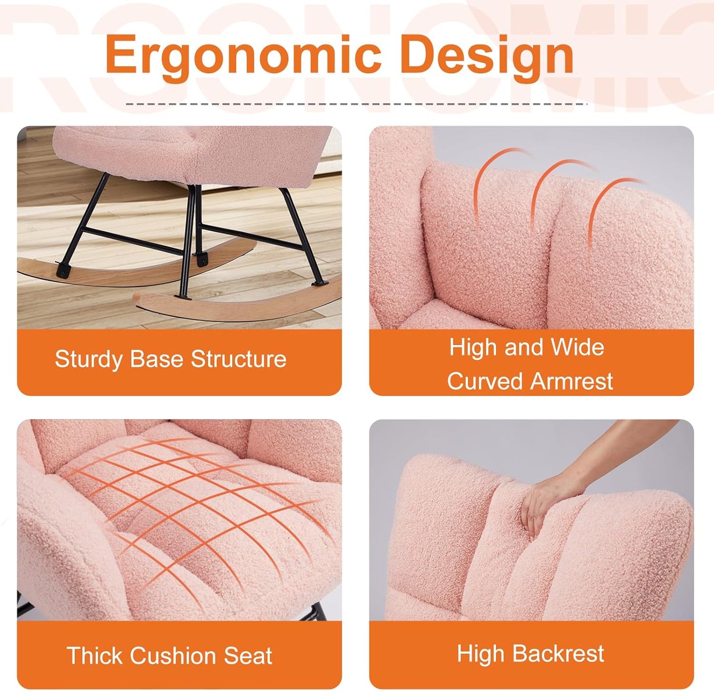 Sweetcrispy Rocking Chair Nursery, Teddy Upholstered Glider Rocker with High Backrest, Reading Chair Modern Rocking Accent Chairs Glider Chair for Nursery, Living Room, Bedroom, Baby Pink