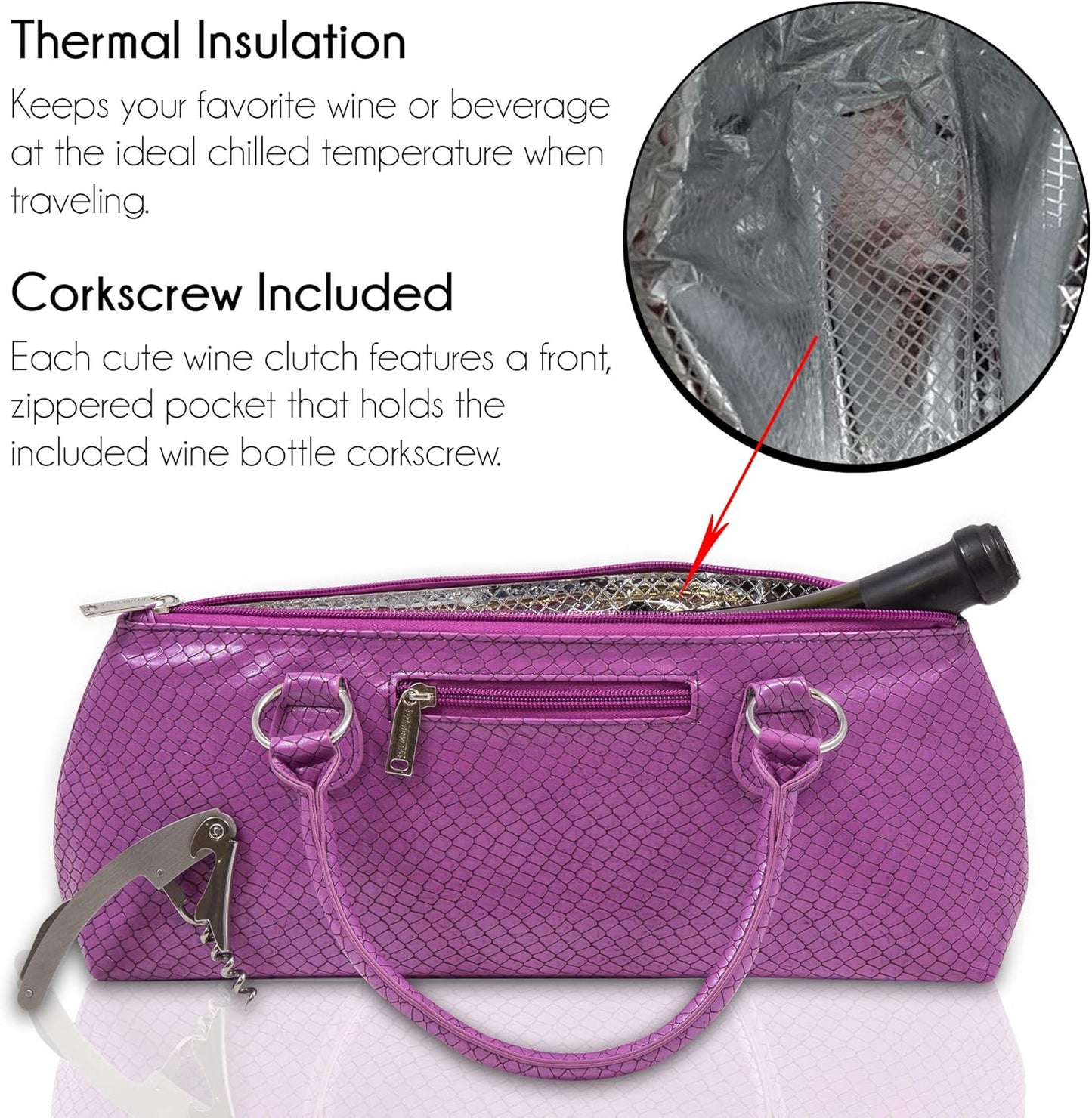 Wine Clutch Bag (Thermal Insulated) Trendy Women’s Carry Tote | Holds Red & White 750mL Bottles | Trendy Fashion | Incl. Portable Waiter-Style Corkscrew (Lavender Burmese)