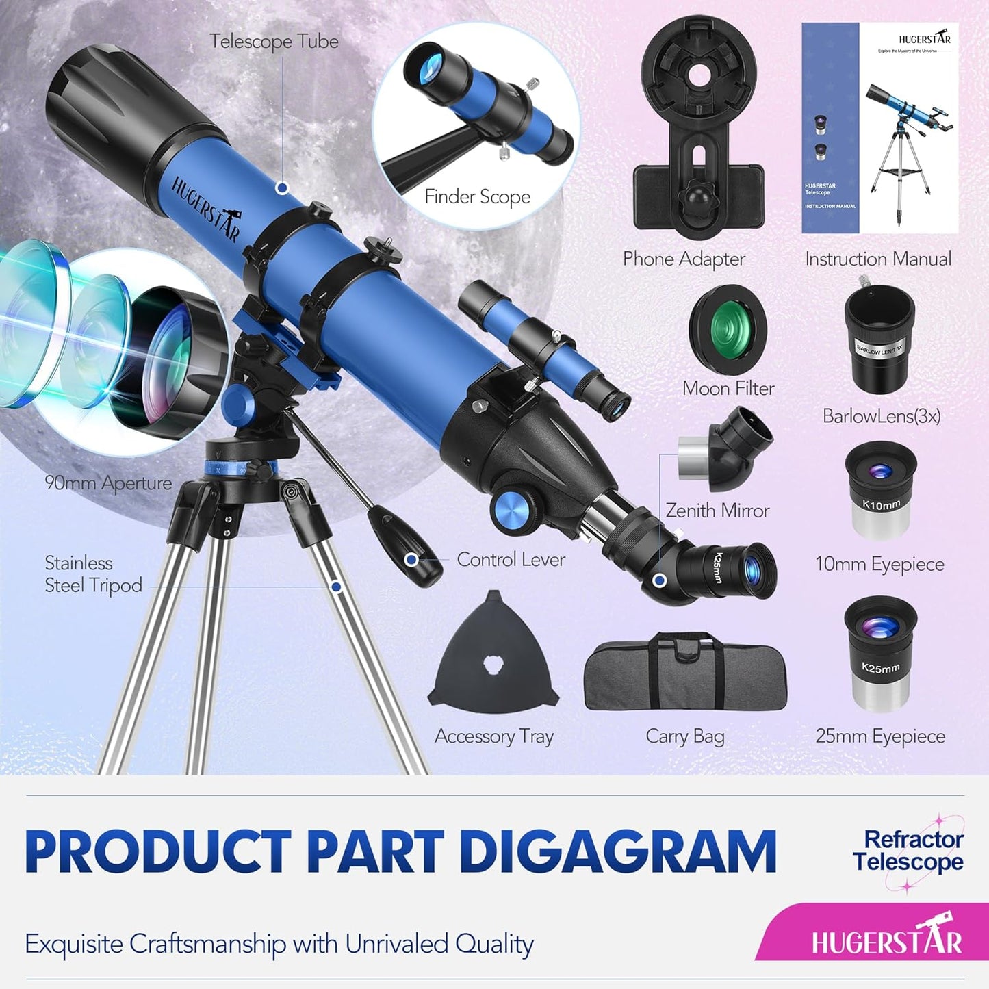 Telescope, Telescope for Adults High Powered, 90mm Aperture 800mm Professional Refractor Telescopes for Adults Astronomy Beginners with AZ Mount Stainless Tripod, Carry Bag and Moon Filter