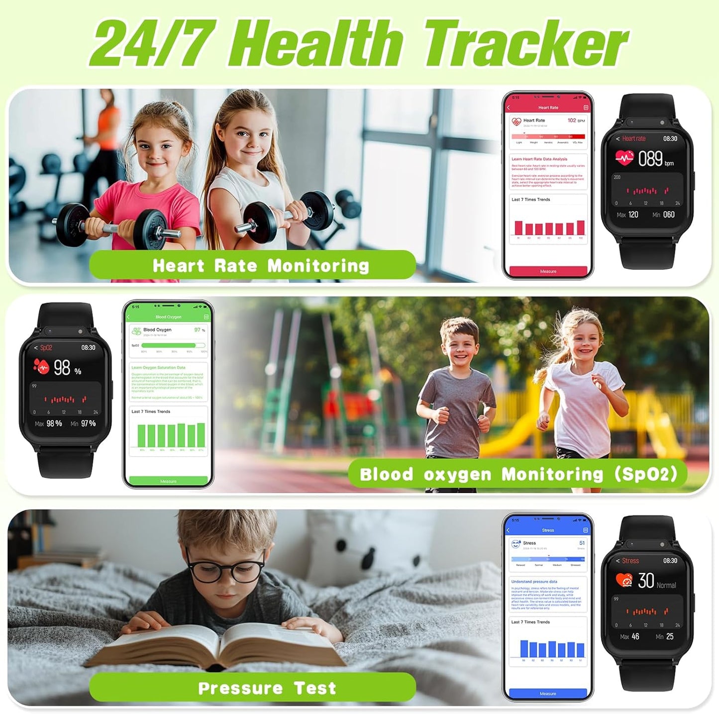 Smart Watch for Kids 1.85" with Fitness Tracker, Sleep Monitor, 22/100+ Sport Modes, DIY Dial, IP68 Waterproof, Step Counter, Heart Rate, Camera, with/Without APP, Gift for 3-12 Years Old Boys Girls