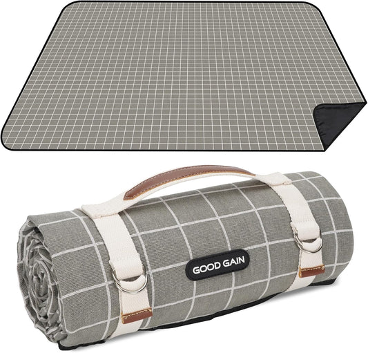 Picnic Outdoor Blankets Waterproof Extra Large - Beach Mat Sand Free Foldable with Carry Strap | Portable Camping Blanket | Park Blanket for Grass Park, Hiking, Travel, Concerts, Indoor (Grey Check)