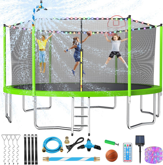Upgraded 10/12/14/15/16FT Trampoline Outdoor, Large Kids Trampoline with Light, Stakes, Sprinkler, Backyard Trampoline with Basketball Hoop and Net, Capacity for 4-6 Kids and Adults