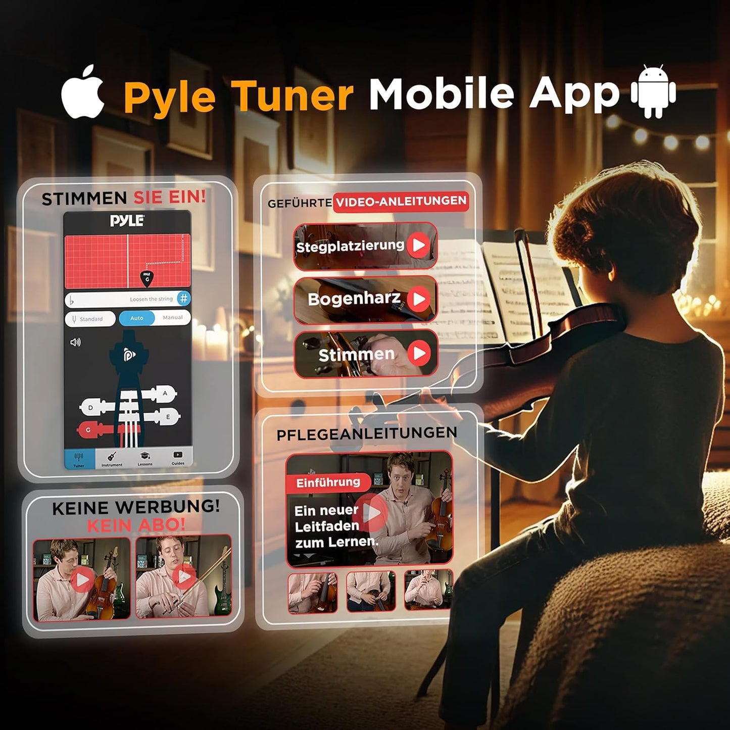 Pyle 1/4 Size Beginner Violin Starter Kit, Violin Starter Package with Travel Case & Bow, Extra Strings, Digital Tuner, Shoulder Rest & Cleaning Cloth for Students, Kids, Adults