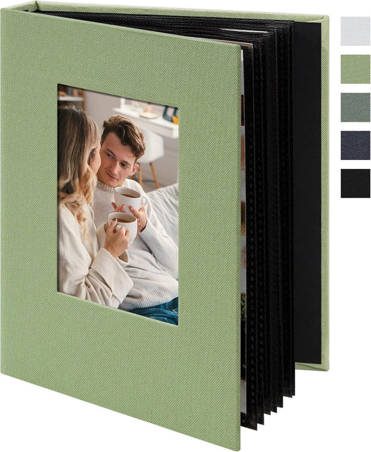 Small 4x6 Photo Album 24 Pockets Linen Cover with Front Window Portable Mini Picture Book for Travel Wedding Memories Organizer Light Green