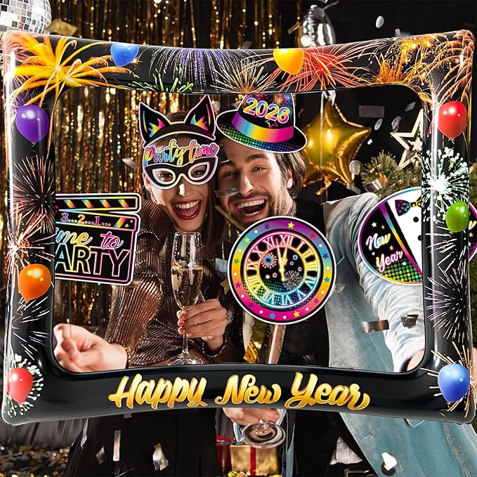 2026 New Year Photo Booth Inflatable Frame Kit, 30Pcs Fluorescent Color New Years Photo Booth Props with Inflatable Picture Frame for New Year Eve Party Selfie Props Supplies