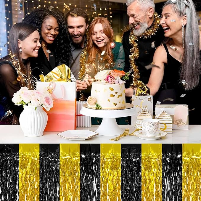 4P Wavy Metallic Tinsel Foil Fringe Table Skirts for Rectangle Tables Backdrop Garland Curtains for Parade Floats Wedding Birthday Parties Decoration Graduation 2025 Christmas (Black Gold)
