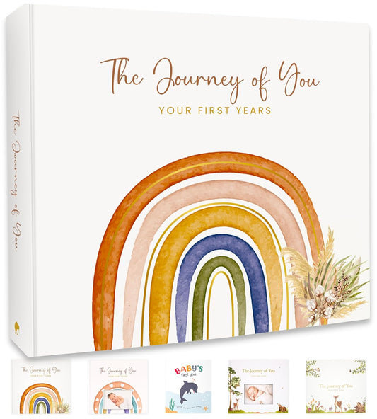 Baby Memory Book for Girl or Boy - First 5 Years Unisex Boho Rainbow Keepsake Journal to Record Newborn 1st Milestones - Gender Neutral Photo Album Scrapbook for Baby Shower - Pregnant New Mother Gift