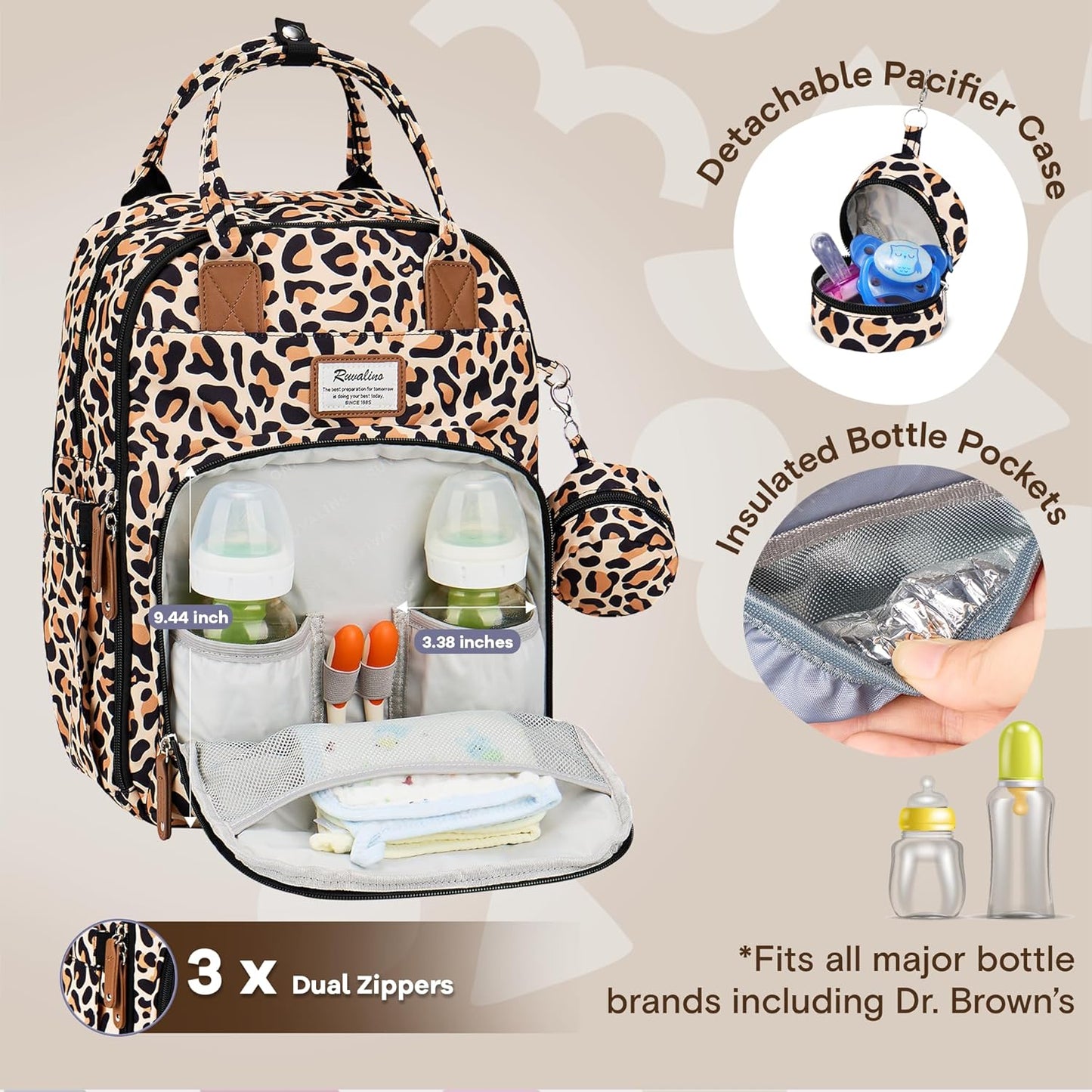 RUVALINO Diaper Bag Backpack-Multifunction Baby Travel Bag with Changing pad, Insulated Bottle Holders & Pacifier Case, Large Capacity, Waterproof, Yellow Leopard