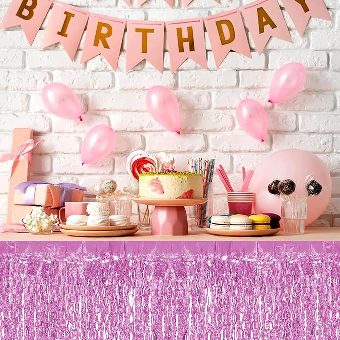 4P Wavy Metallic Tinsel Foil Fringe Table Skirts for Rectangle Tables Backdrop Garland Curtains for Parade Floats Wedding Birthday Parties Decoration Graduation 2025 Christmas (Pink)