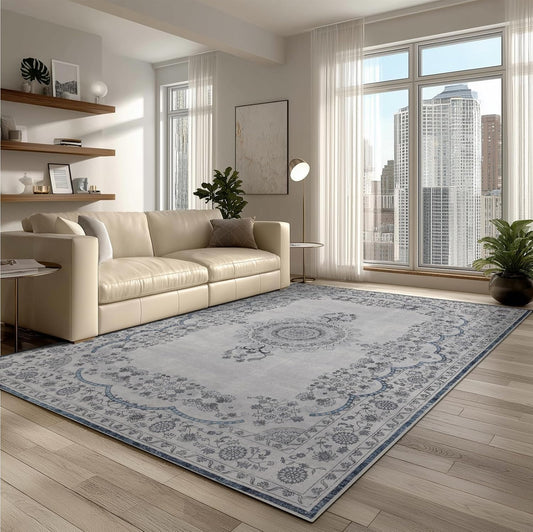 Washable 6x9 Area Rug for Living Room, Carpet for Bedroom Dining Room, Non Slip&Non-Shedding Resistant Low Pile Vintage Print Rug for Home Office (Grey/Blue)