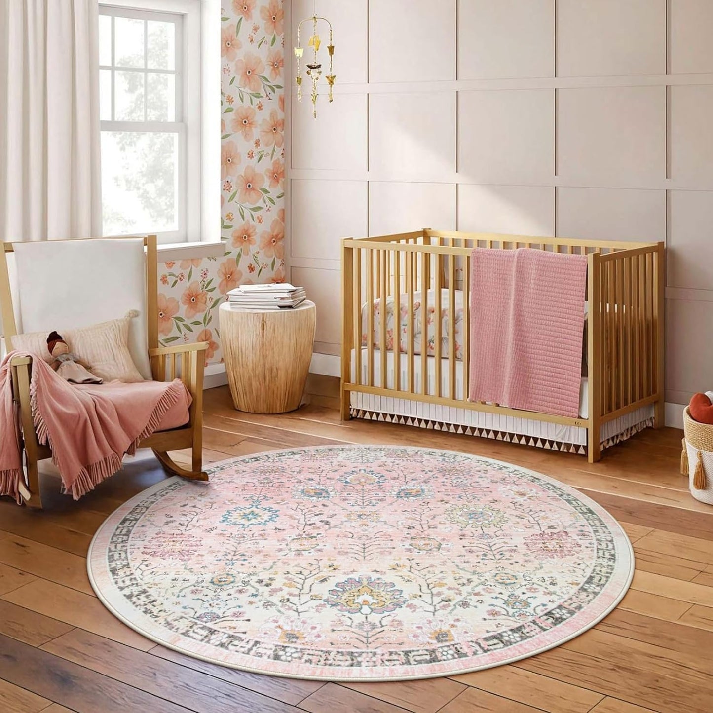 Lahome Light Pink Boho Rug 6ft, Circle Washable Area Rugs for Playroom Kids Room, Soft Floral Nursery Round Carpet Non Slip, Pastel Floor Carpet for Bedroom Living Room