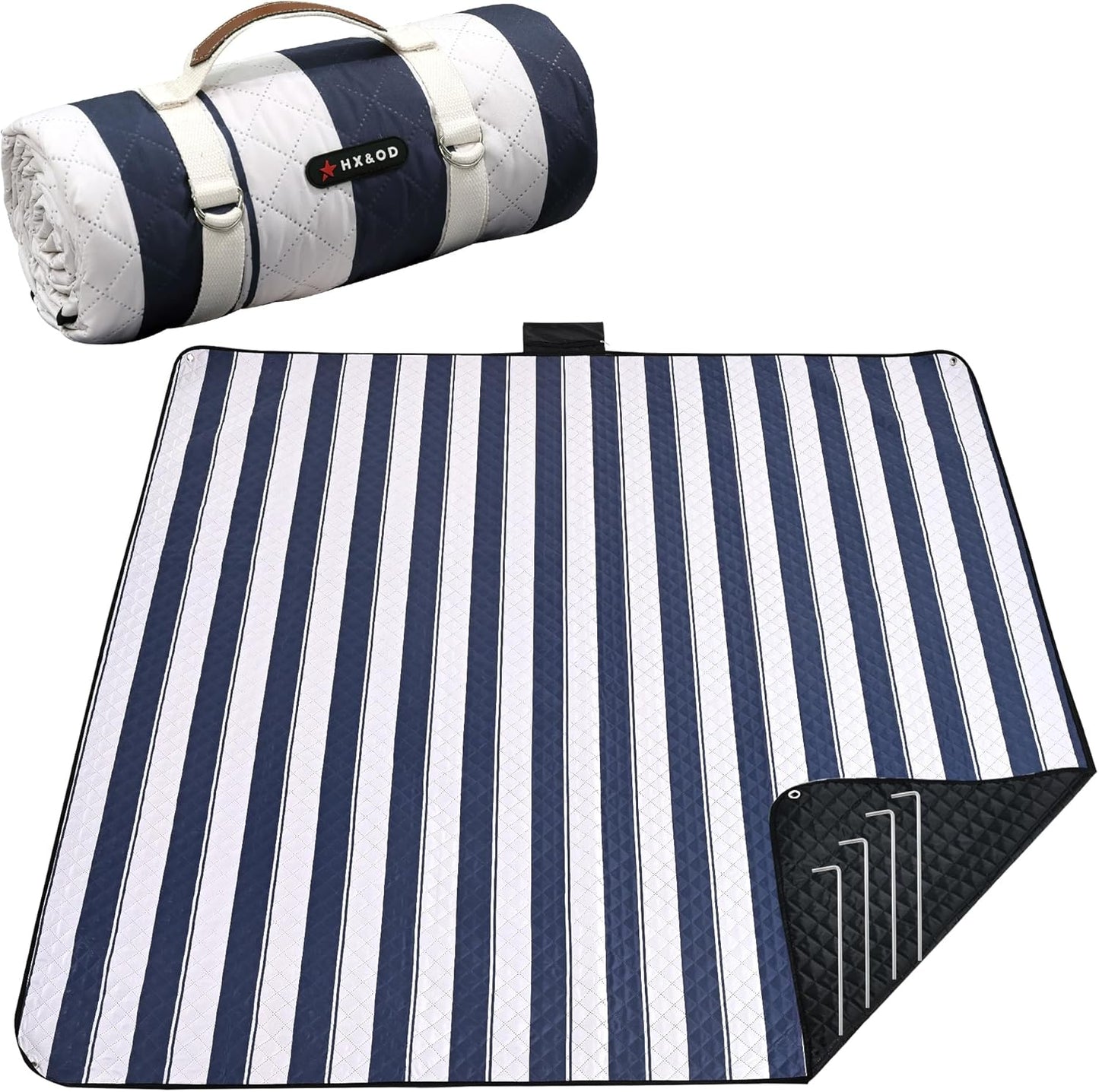 HX&OD Outdoor Picnic Blanket Extra Large, 80''*80'' Waterproof Picnic Mat with Stakes Foldable Camping Blanket Portable with Carry Strap for Beach Mat (Blue& White, 80''*80'')