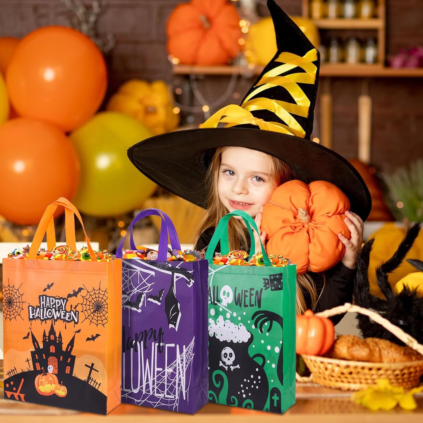 6PCS Halloween Trick or Treat Bags Halloween Large Gift Bag Halloween Tote Bags with Handles, Halloween Non-Woven Bags for Trick or Treat, Halloween Party Supplies, 15×11.8×3.9”