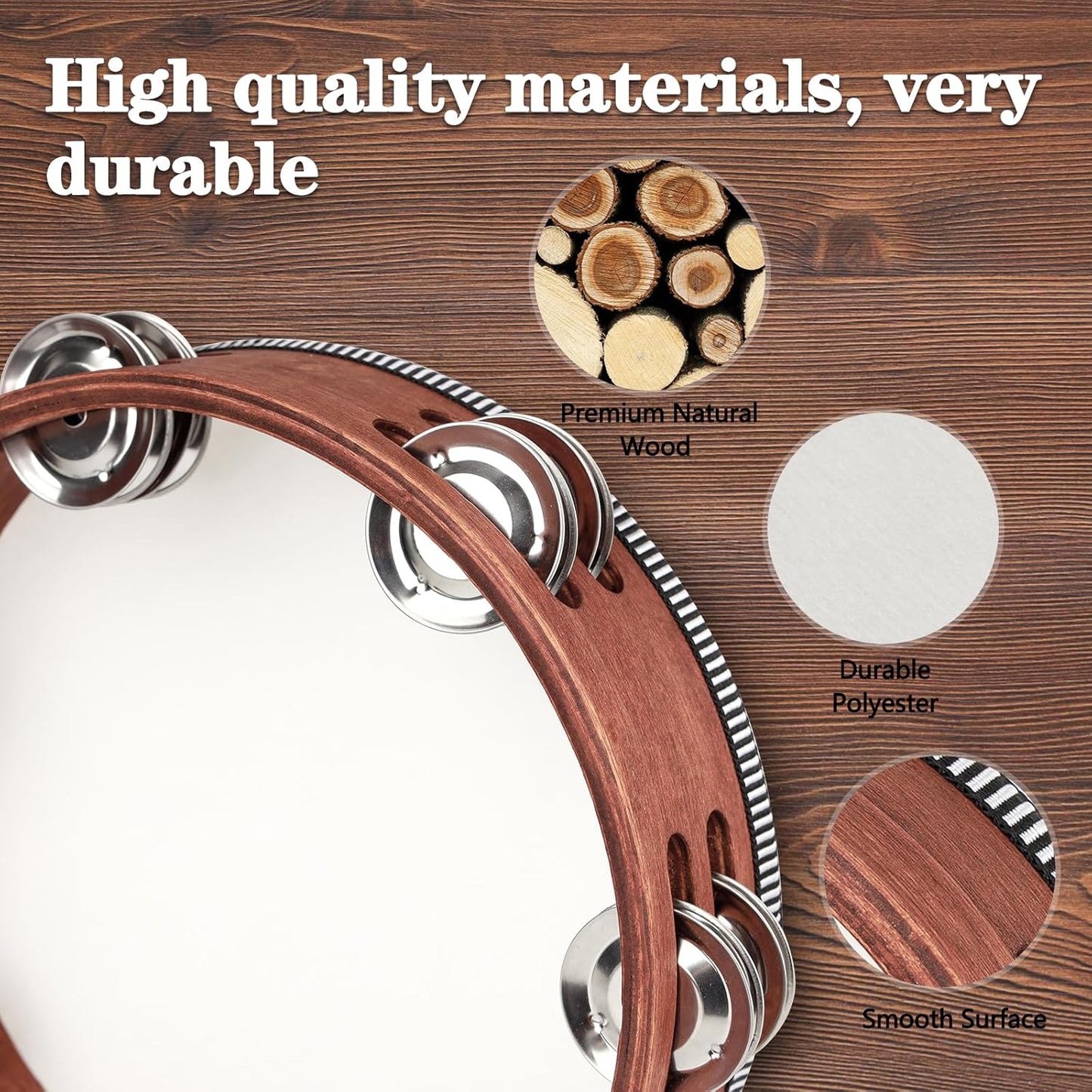 Wooden Hand Held Percussion Tambourine with Storage Bag - 8 Inches, Ideal for Church, Wedding, Party, Dance, Photo Shoot