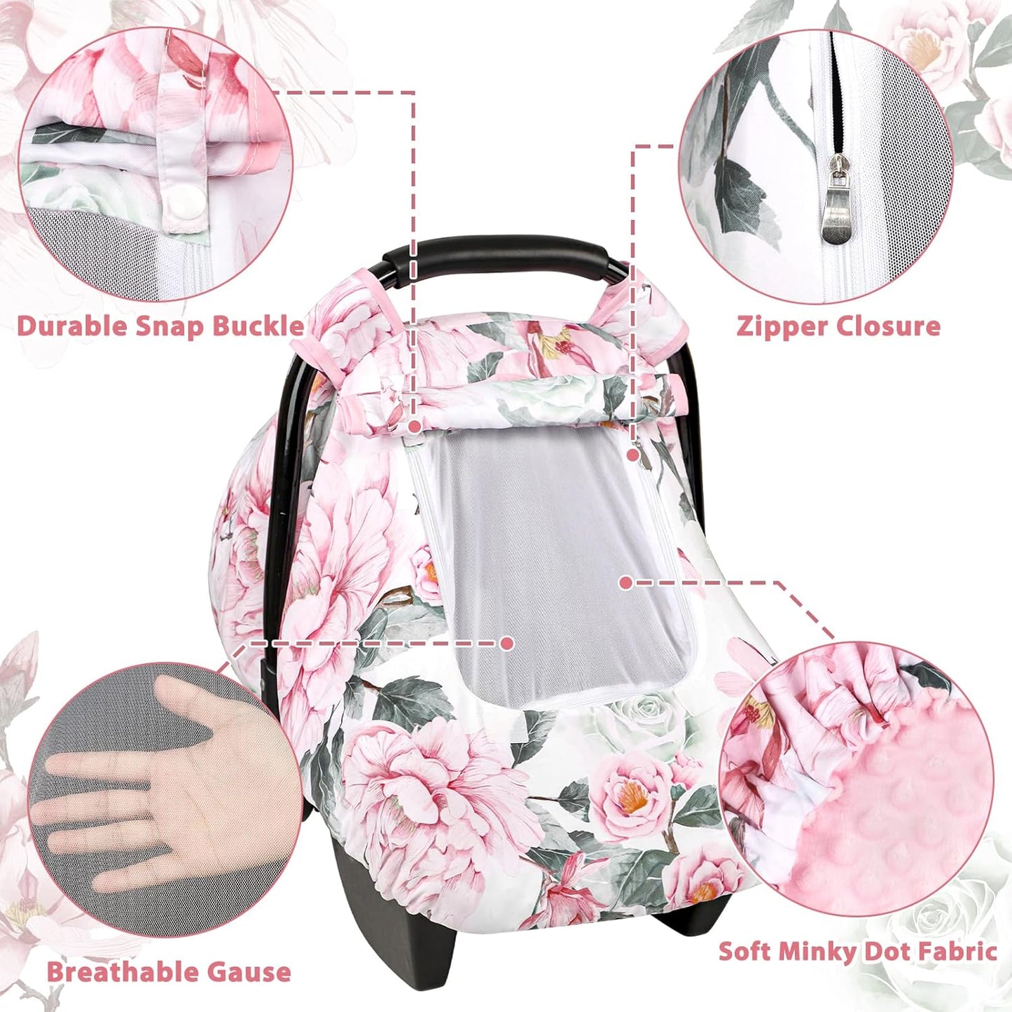 Pea Pod Car Seat Cover for Baby Girls, Floral Infant Car Seat Canopy Cover for Newborn, with 2 Layers Windows of Breathable Mesh/Fabric, 3D Minky Dot Backing, Ultra Soft & Comfortable