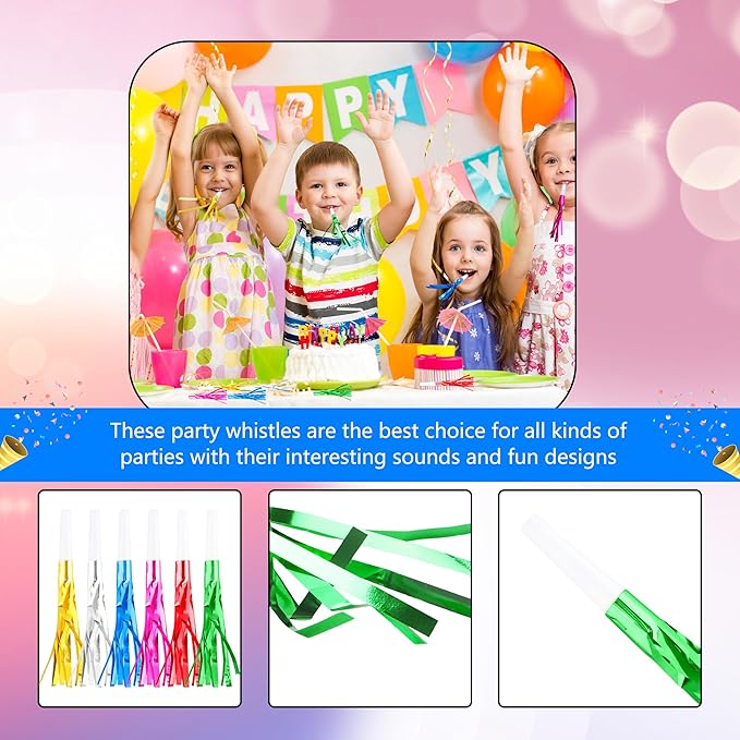 120 Pcs Glitter Bomb Noise Maker Gold Metallic Fringed Squawker Blowouts Silver Musical Blower Whistle for Birthday New Years Party Supplies Sporting Events Graduation (Multicolor Set 1)