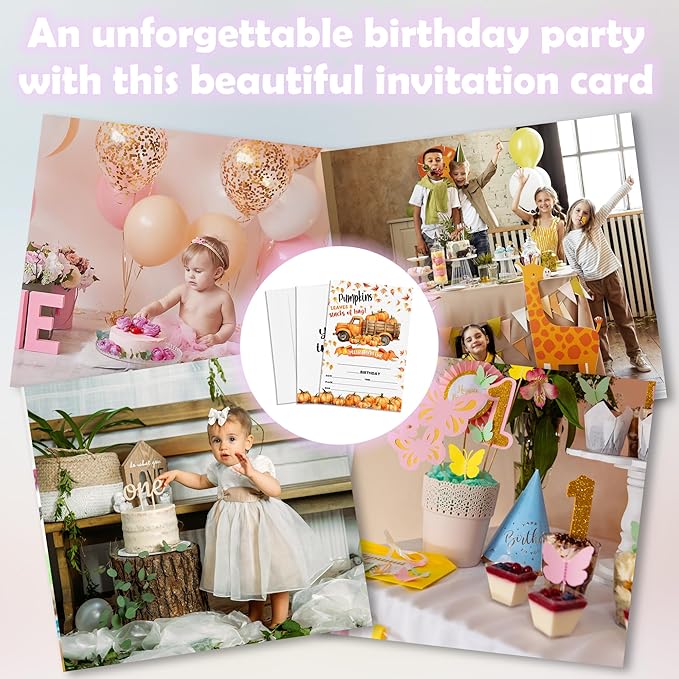 Leaves & Stacks Of Hay Birthday Party Invitation - Set Of 20 Fall Pumpkin Invite Cards With Envelopes - Autumn Birthday Invitation Cards For Boys Girls - Thanksgiving Birthday Party Supplies Decor-A06