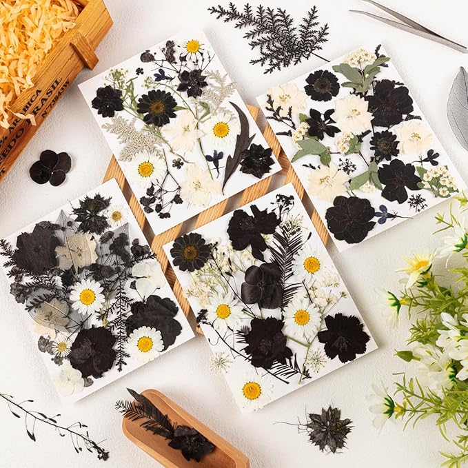 78 Pcs Black and White Dried Pressed Flowers with Tweezer, Halloween Themed Real Dried Flowers Leaves for DIY Crafts Resin Molds, Dried Flowers for Autumn Halloween Decorations