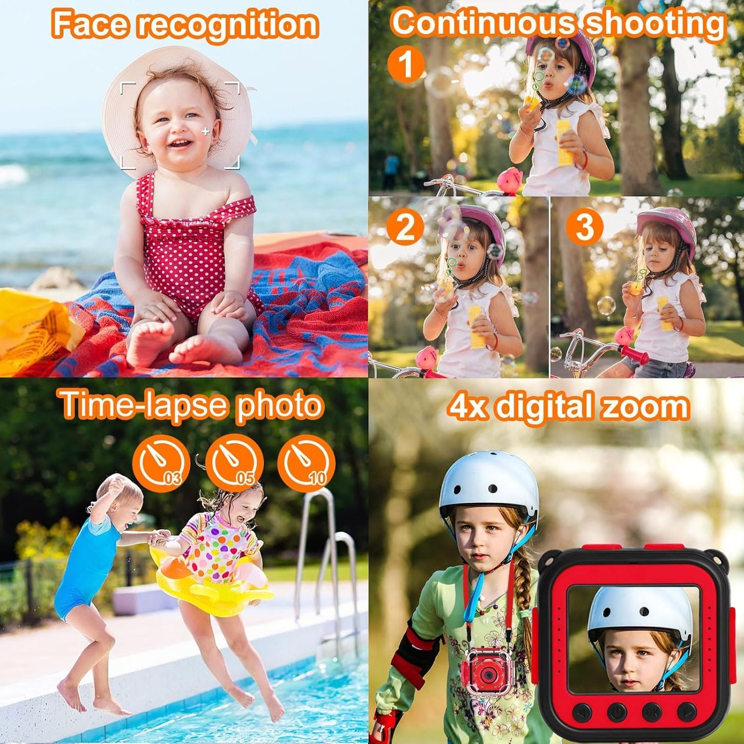 PROGRACE Waterproof Camera for Kids - Christmas Birthday Gifts for 3-12 Year Old Girls 1080P Toddler Digital Cameras Pool Toys for Kids Underwater Video Camera with 32GB SD Card Red
