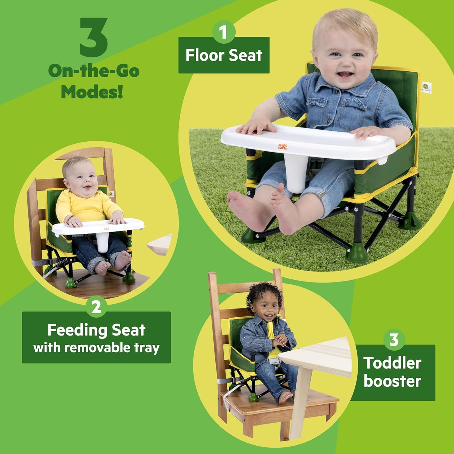 Bright Starts John Deere Pop 'N Sit Portable Booster Chair, Floor Seat, Indoor/Outdoor Use, Compact Fold, Green and Yellow, 6 Mos - 3 Yrs