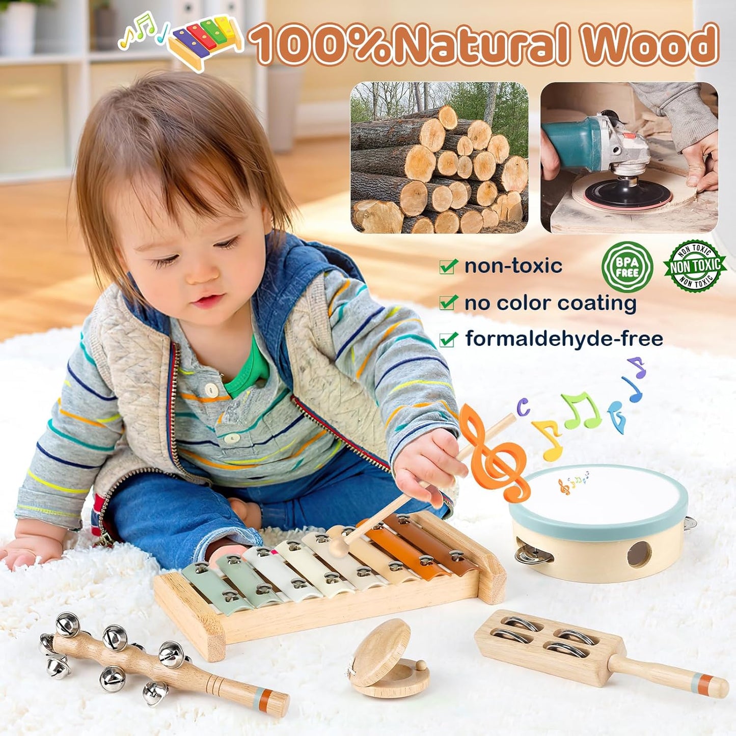 Toddler Musical Instruments, Joyreal Baby Musical Instruments Montessori Wooden Toys for Toddlers 3, Neutral Colors Percussion Instruments Set, Aesthetic Modern Boho Xylophone for Kids Playroom Gifts