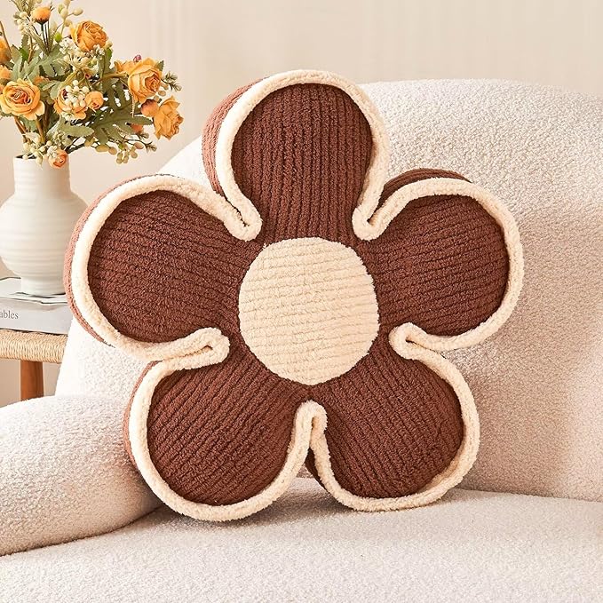 Soft Flower Shaped Floor Cushion, Decorative Throw Pillow, Plush Bedroom Seating Cushion, 13.7 Inch Brown Flower Decor Plush Pillow