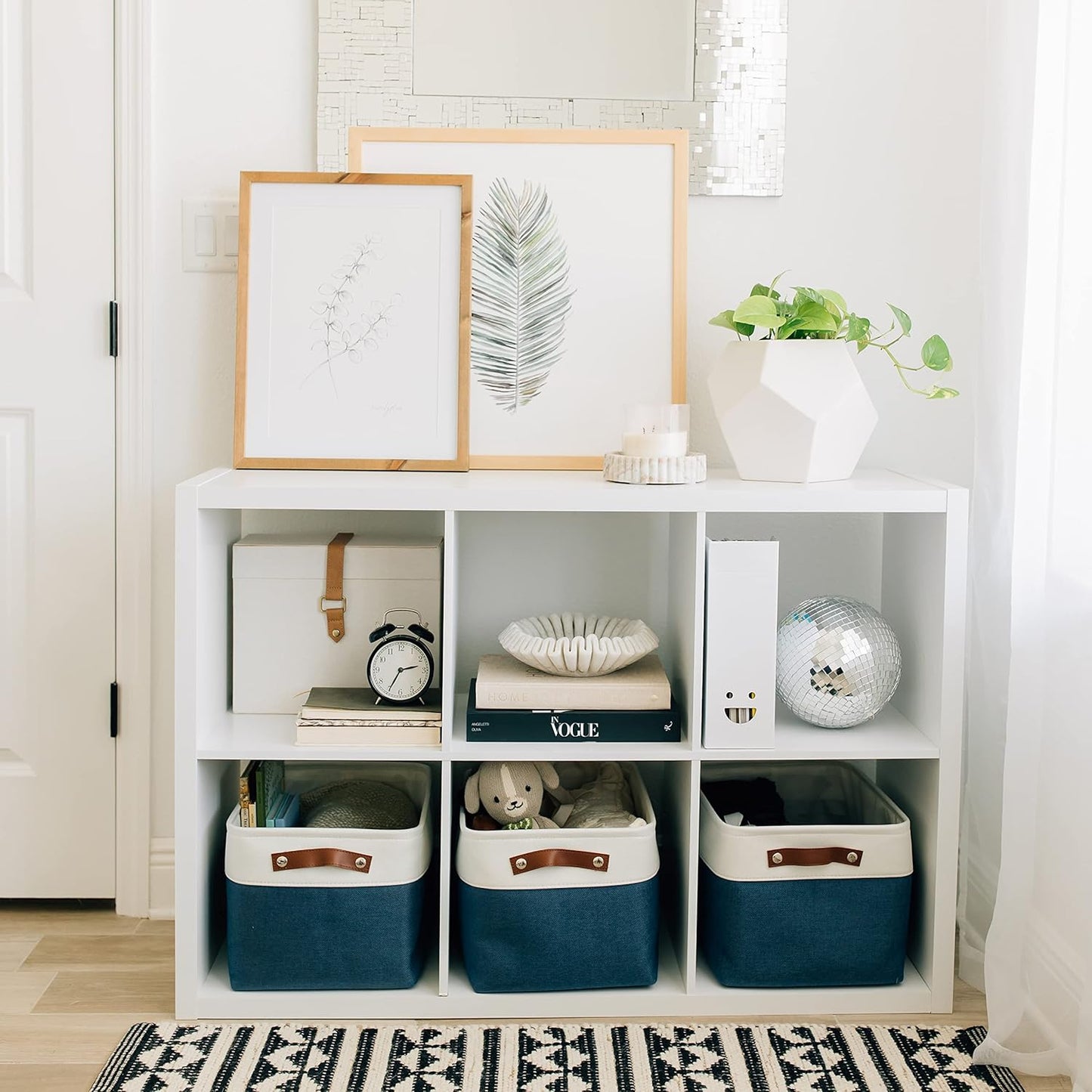 OrganiHaus Large Fabric Storage Bins for Shelves 3 Pack, 15x11in Closet Storage Bins for Shelves, Cloth Baskets & Closet Organizers, Fabric Basket, Navy Blue/White