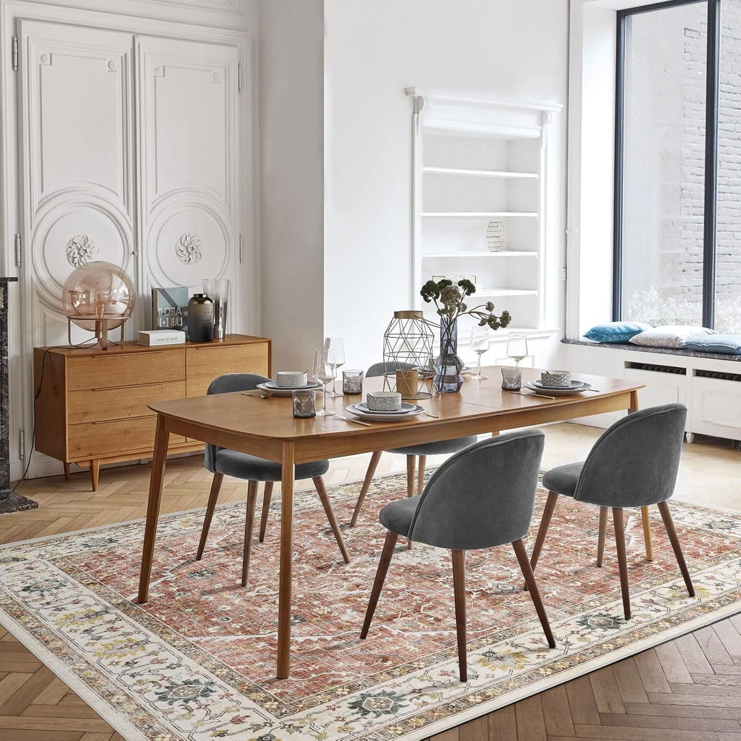 8x10 Rugs for Bedroom, Vintage Washable Rugs Non Slip Large Area Rug for Living Room Dining Room Office, Floor Decoration Big Carpet Low-Pile Kid & Pet Friendly(Border Brick Red)