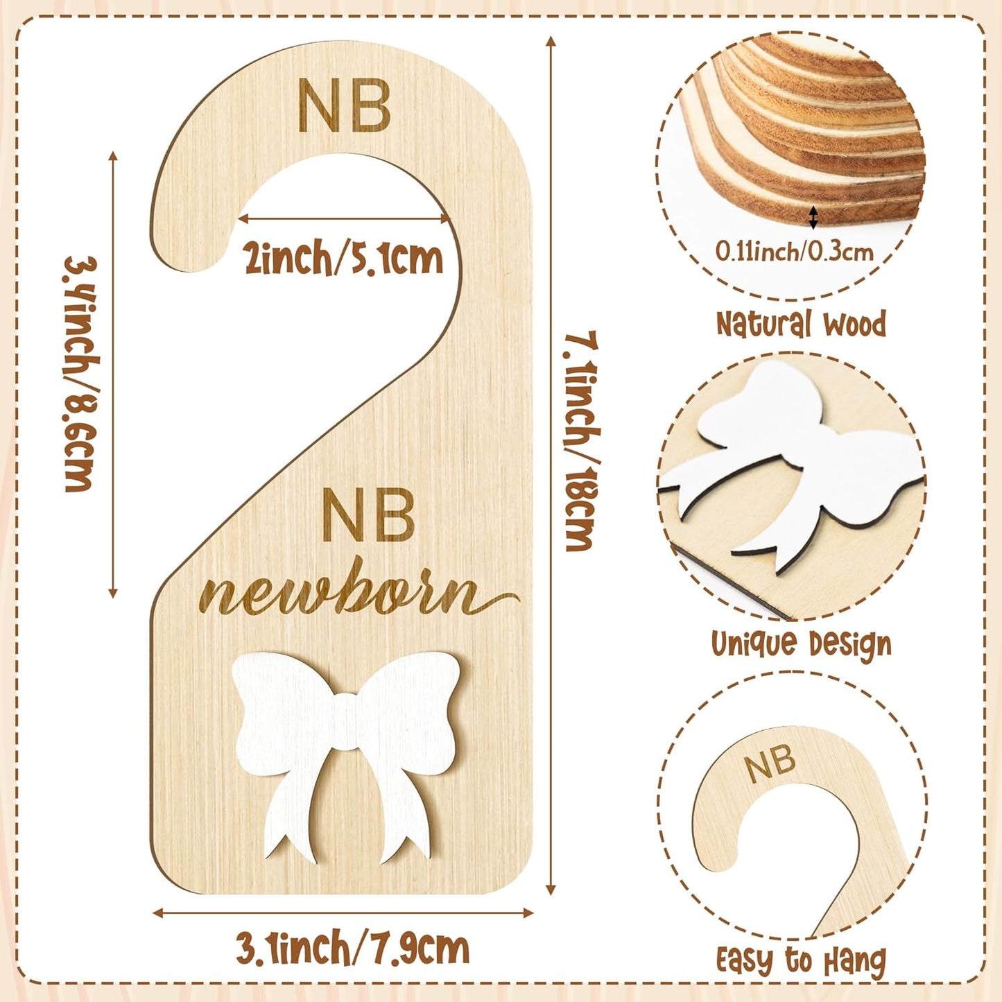 R HORSE Wooden Baby Closet Dividers - 3D Coquette White Bow Baby Closet Organizer, 8Pcs Double-Sided Newborn Clothes Size Hanger Dividers, Nursery Decor Birthday Gift for Boy Girl (0-24 Months)