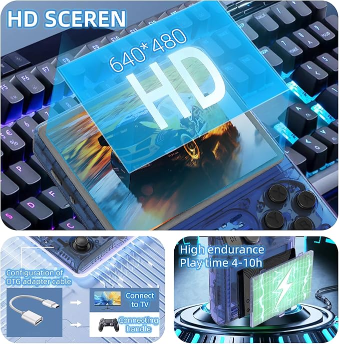 R40S PRO Retro Gaming Console, 30000+ HD Games Handheld Game Console, 3800mAh Rechargeable Mini Retro Video Console with 256GB TF Card, Portable Pocket Arcade (Transparent Blue)