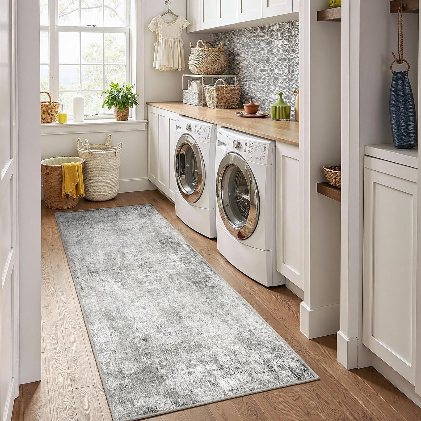 Washable Area Rugs 2'x10' Non-Slip Modern Abstract Soft for Living Room Entryway Bedroom Nursery, Print Pattern, Gray White Grey