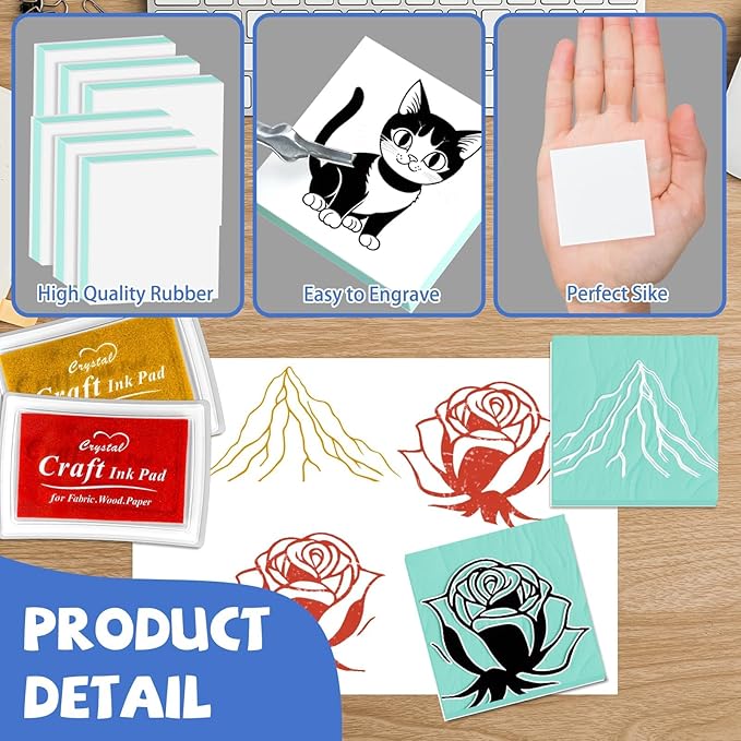 6pcs 2"x2" Rubber Carving Blocks, Linoleum Block Stamp Making Kit for Beginners - DIY Stamp Making, Printmaking Crafts (White & Green)