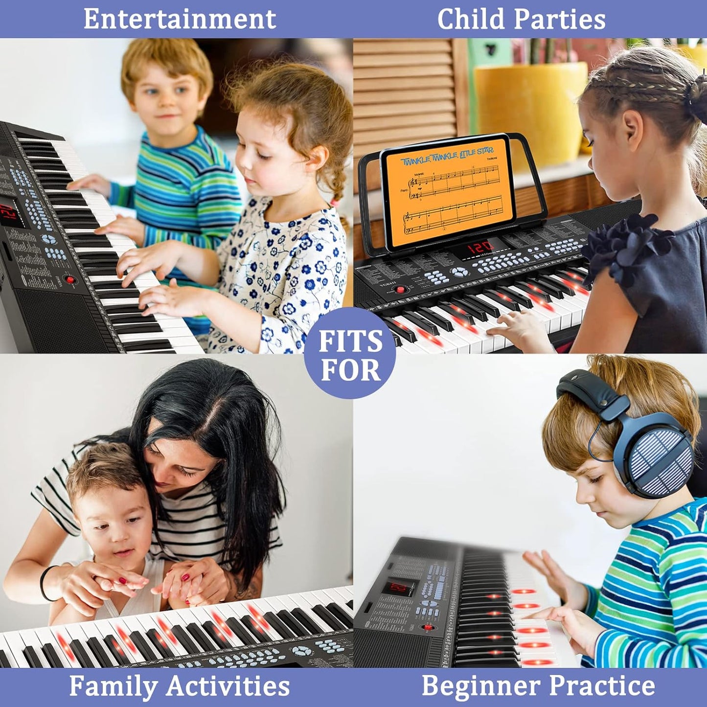 Vangoa 61-Key Light-Up Keyboard Piano for Beginners, 350 Tones & Timbres, 3 Teaching Modes, With Microphone, Black