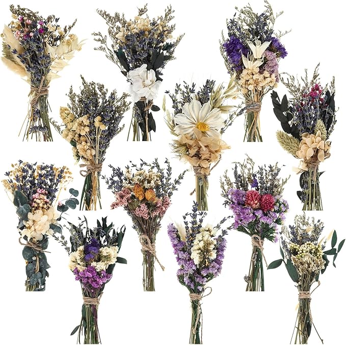 Layhit 12 Pack Boho Dried Flower Bouquet Mini Wedding Handmade Dry Flowers Decor for Vase Crafts DIY Photo Boutonniere for Men Floral Plant for Bridesmaid Gift Birthday Decor