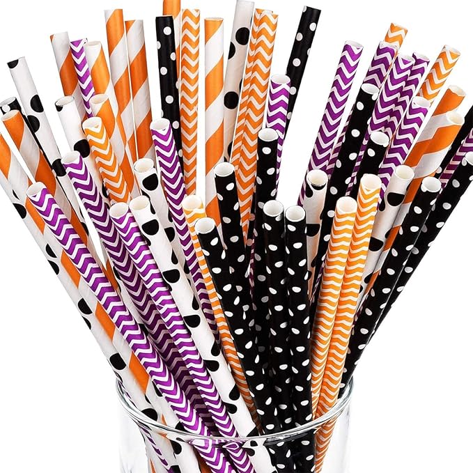 Shappy 125 Pieces Halloween Paper Straws Bulk, Disposable Decorative Drinking Straws with Dots/stripes/waves for Birthday, Wedding, Halloween and Christmas Party Supplies(Orange, Black, White, Purple)
