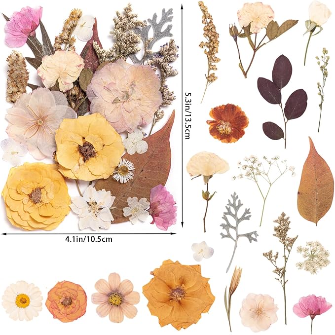 50pcs Boho Pressed Flowers Bulk, Vintage Dried Flower Leaves, Natural Fall Pressed Dried Flowers with Tweezer for DIY Crafts Resin Mold Candles Cake Bridal Scrapbooking Supplies