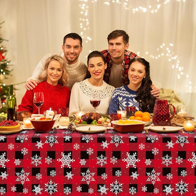 3 Pieces Red and Black Buffalo Plaid Merry Christmas Party Tablecloth Decorations,Plastic White Snowflake Buffalo Plaid Sign Table Cover for Winter Christmas Holiday Party Supplies,54x108 inch