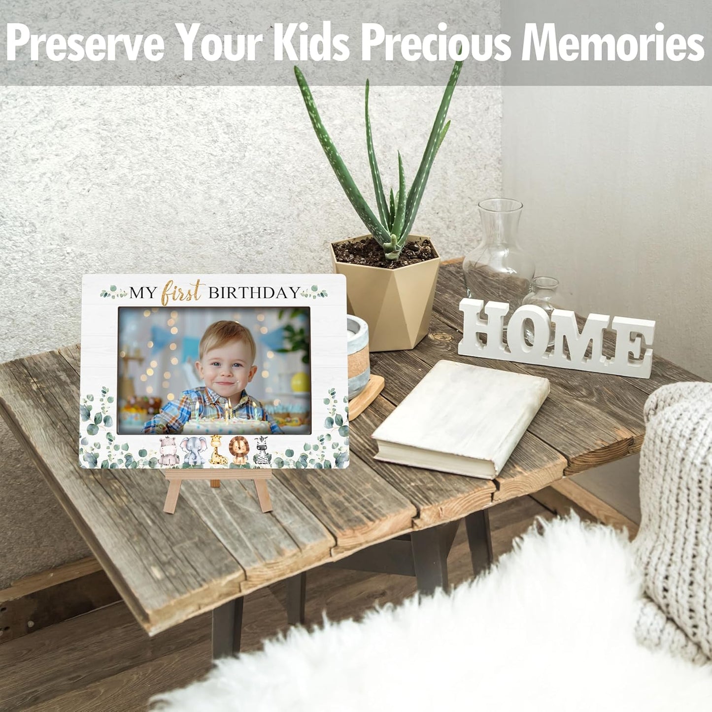 My 1st Birthday Picture Frames, Safari Animal Wooden 4x6 Photo Frame with Easel, Baby Wild One Birthday Gifts for Home Office Tabletop Display Decorations - G03