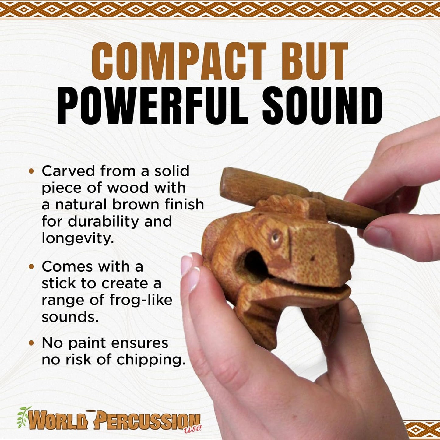 Deluxe Medium 4” Wood Frog Guiro Rasp - Percussion Musical Instrument Tone Block - Wooden Instrument with Stick, Frog Noise Maker by World Percussion USA