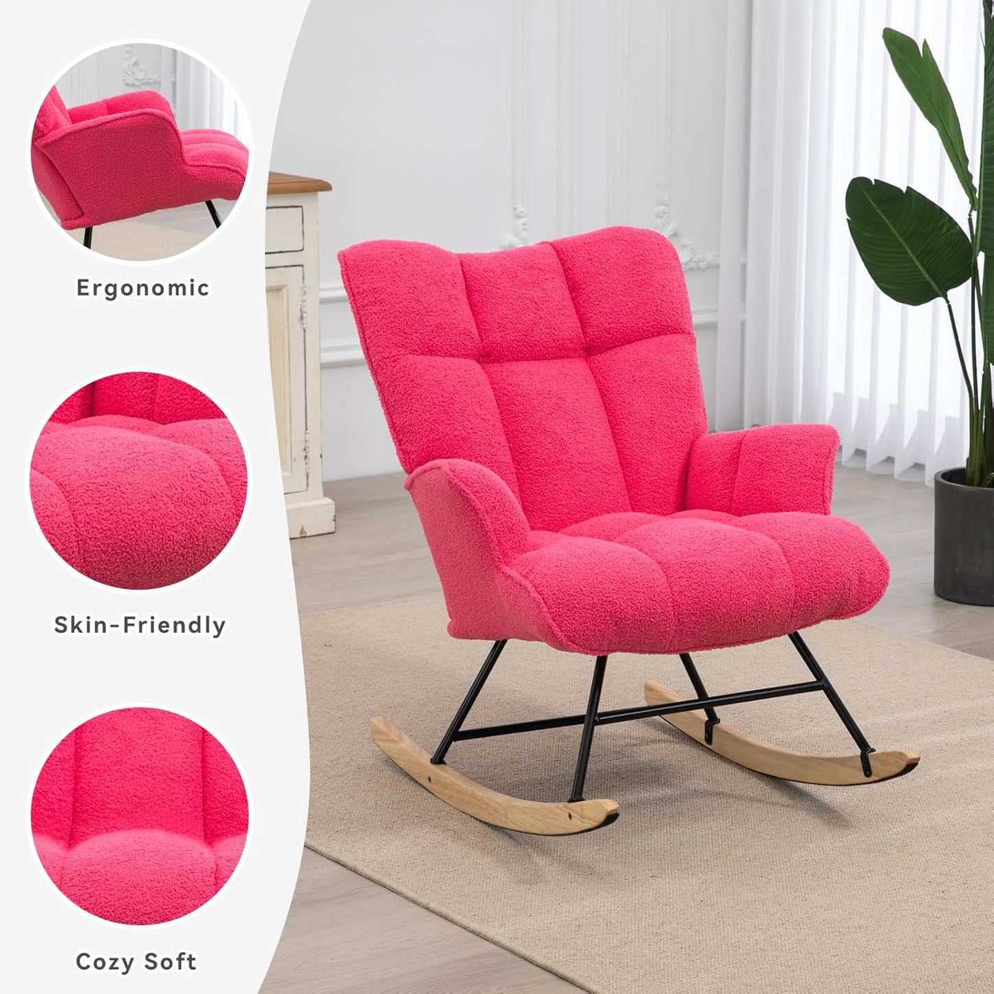 Rocking Chair Nursery Teddy Upholstered Glider Rocker Rocking Accent Chair Padded Seat with High Backrest Armchair Comfy Side Chair for Living Room Bedroom Offices (Hotpink Teddy)