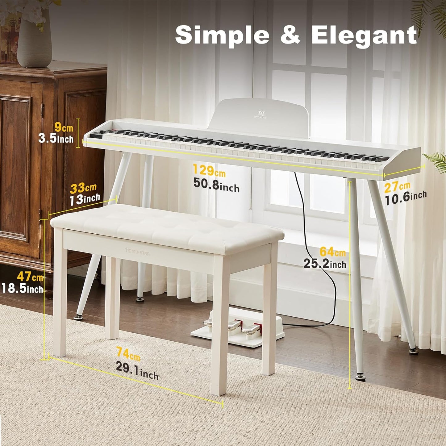 MUSTAR 88 Key Piano Keyboard with Piano Bench, Digital Piano 88 Semi Weighted Keys, Portable Electric Piano with Storage Stool, 3 Pedals, Built-In Speakers, USB/MIDI, White