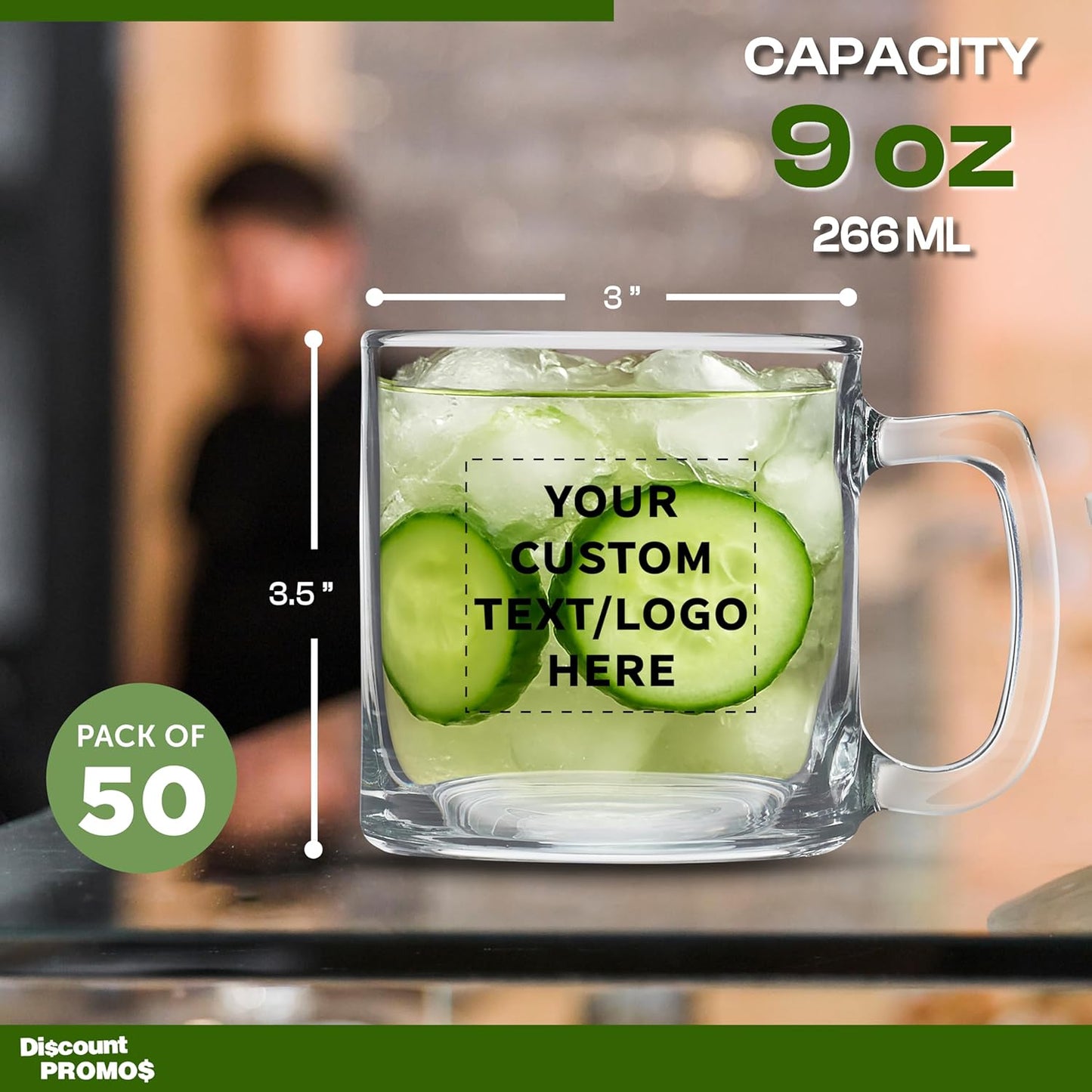 DISCOUNT PTOMOS Custom Small Glass Coffee Mugs 9 oz. Set of 50, Personalized Bulk Pack - Perfect for Coffee, Tea, Espresso, Hot Cocoa, Other Beverages - Clear