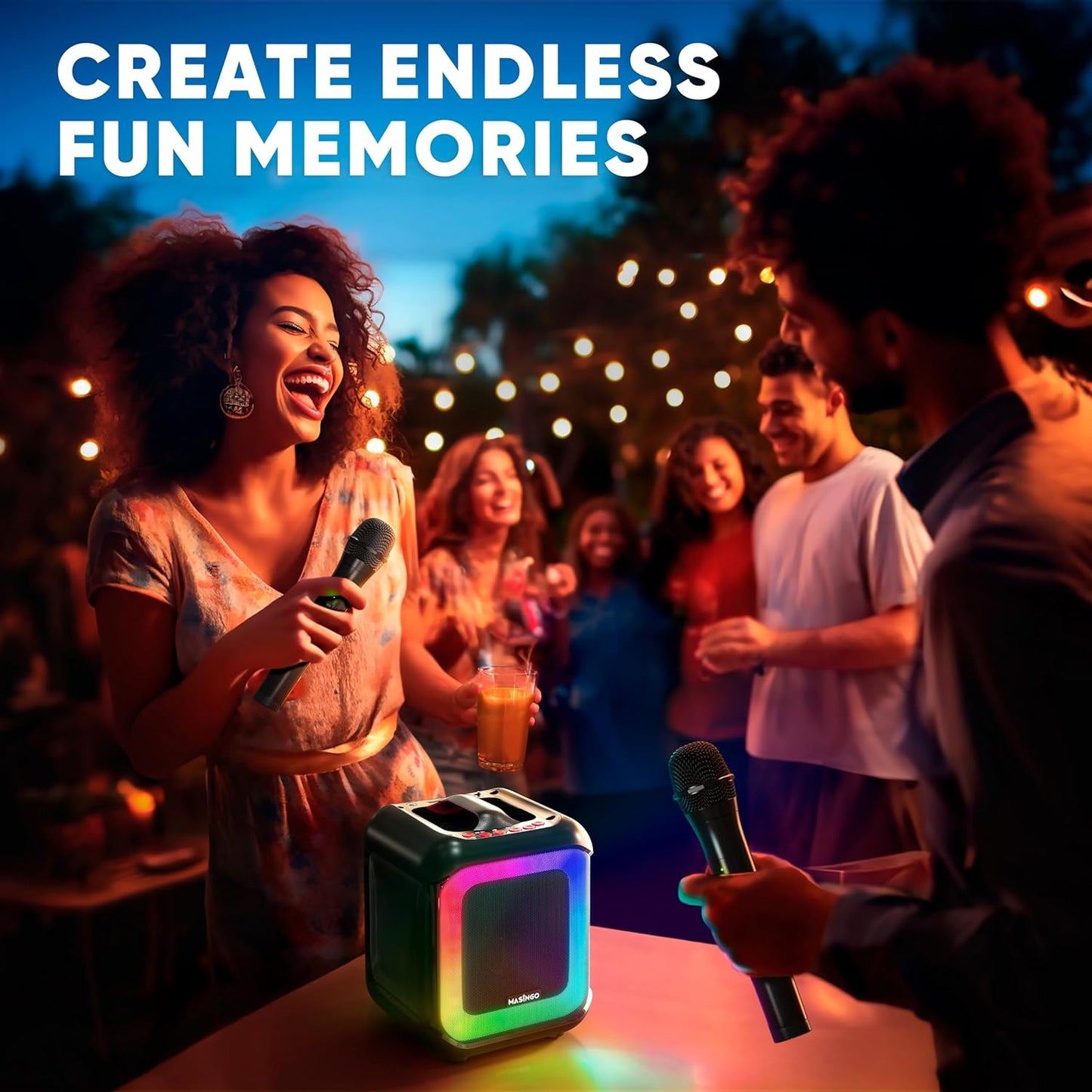 MASINGO Karaoke Machine for Kids and Adults with 2 Wireless Bluetooth Microphones, PA Portable Speaker Toy for Girls and Boys with Colorful LED Lights, Supports TF Card/USB, TWS for Home Party, C7