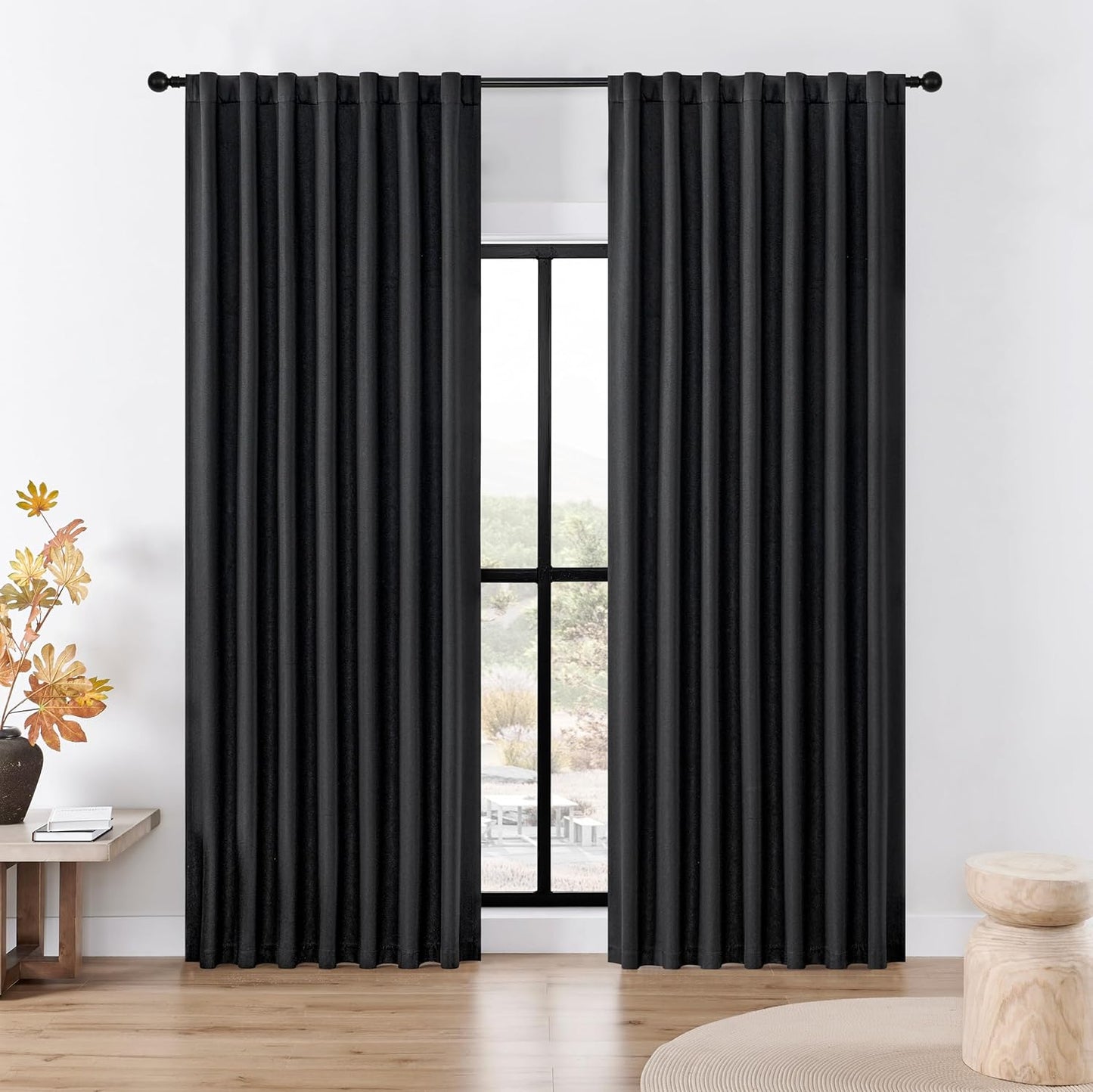 Joydeco Faux Linen Blackout Curtains for Bedroom,Black Blackout Curtains 90 inches Long,100% Blackout Solid Thermal Insulated Window Drapes Luxury Decor for Living Room（W52xL90 Inch,Black）