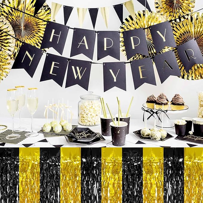 4P Wavy Metallic Tinsel Foil Fringe Table Skirts for Rectangle Tables Backdrop Garland Curtains for Parade Floats Wedding Birthday Parties Decoration Graduation 2025 Christmas (Black Gold)