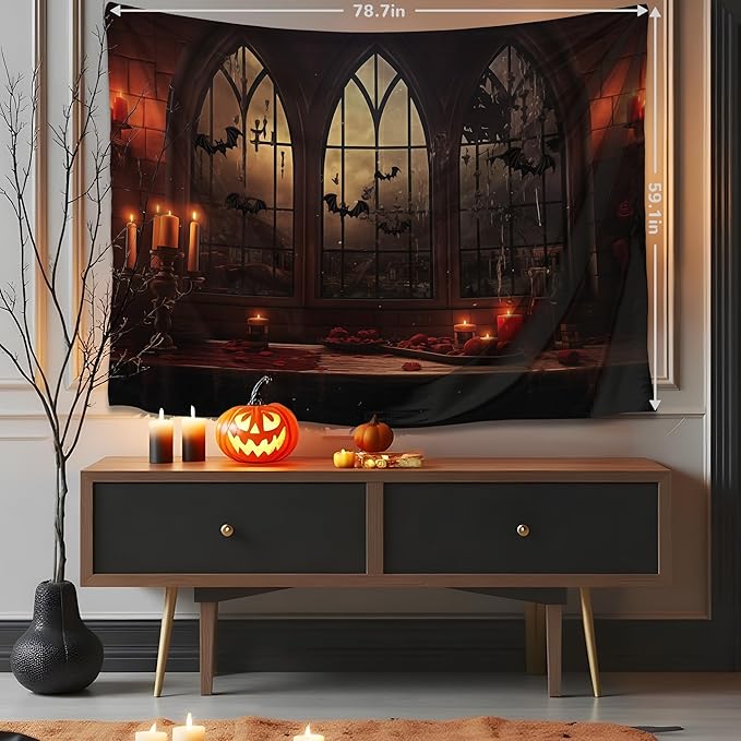 QGHOT Halloween Tapestry Wall Hanging Horror Castle Window Tapestry Gothic Spooky Backdrop Vampire Medieval Tapestries for Bedroom Living Room Dorm Wall Art Decor (78.7"x59.1")