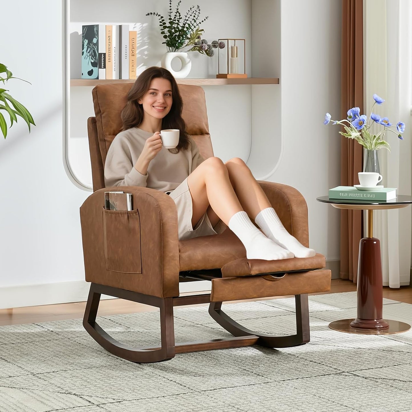 Rocking Chair Nursery with Foot Rest, Modern PU Upholstered Reading Glider Rocker Accent Armchair with High Backrest, Padded Seat, Side Pocket, for LivingRoom, Bedroom, Baby Room, Brown