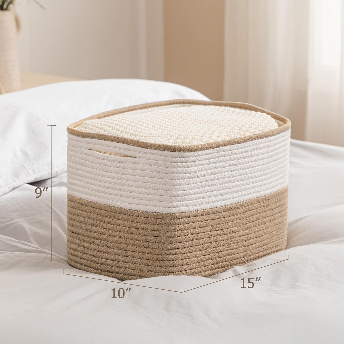 UBBCARE 4 Pack Baskets for Organizing, Woven Storage Baskets for Toys and Towel, Rectangle Cotton Rope Basket with Handles, 15''L x10''W x9''H, Brown
