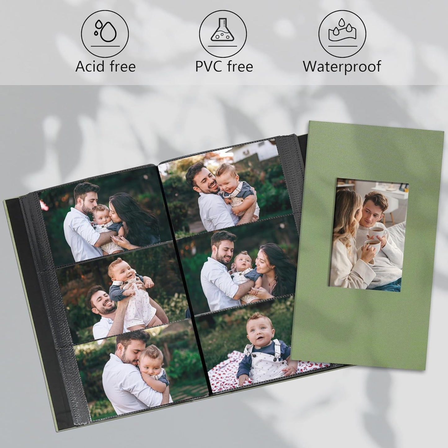 Photo Album 4x6 Pictrues 300 Pockets Linen Cover with Front Window Large Picture Book for Family Travel Wedding and Memory Keepsake Organizer Gray Green